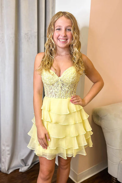 Sweetheart Neck Short Yellow Lace Prom Dresses, Short Yellow Lace Graduation Formal Homecoming Dresses