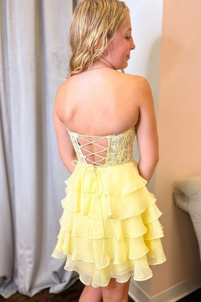 Sweetheart Neck Short Yellow Lace Prom Dresses, Short Yellow Lace Graduation Formal Homecoming Dresses