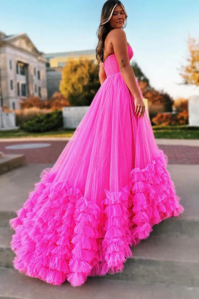 Sweetheart Neck Strapless Pink Tulle Long Prom Dresses, Long Pink Formal Graduation Evening Dresses