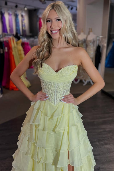 Sweetheart Neck Yellow Lace Layered Long Prom Dresses, Yellow Lace Layered Long Formal Evening Dresses