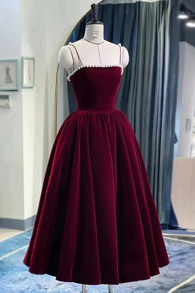 Tea Length Velvet Black Burgundy Prom Dresses, Black Burgundy Velvet Tea Length Formal Homecoming Dresses