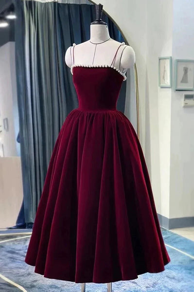Tea Length Velvet Black Burgundy Prom Dresses, Black Burgundy Velvet Tea Length Formal Homecoming Dresses
