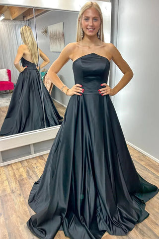 Unique Open Back Strapless Black Satin Long Prom Dresses, Strapless Black Formal Dresses, Long Black Evening Dresses