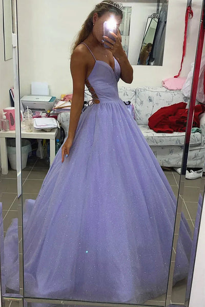 V Neck Backless Purple Lace Prom Dresses, Open Back Purple Lace Long Formal Evening Dresses