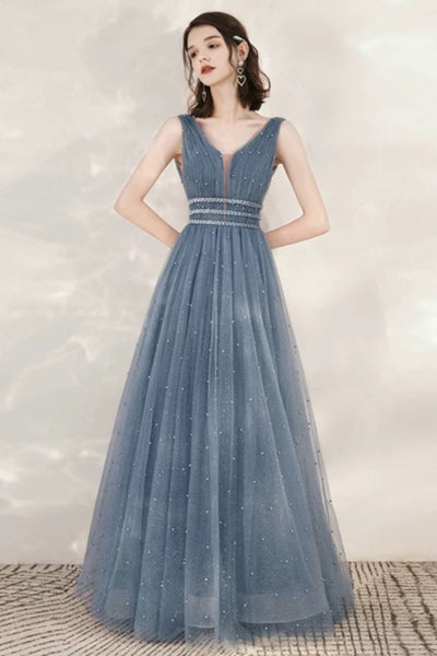 V Neck Blue Beaded Long Prom Dresses, Blue V Neck Long Beaded Formal Dresses