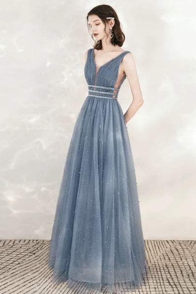 V Neck Blue Beaded Long Prom Dresses, Blue V Neck Long Beaded Formal Dresses