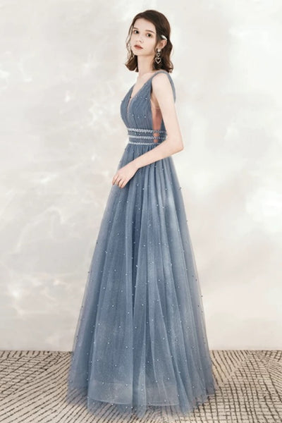 V Neck Blue Beaded Long Prom Dresses, Blue V Neck Long Beaded Formal Dresses