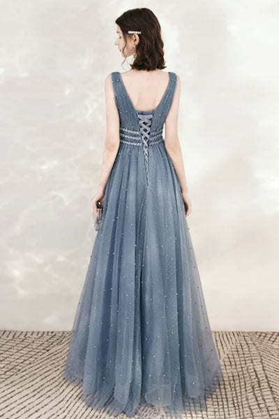 V Neck Blue Beaded Long Prom Dresses, Blue V Neck Long Beaded Formal Dresses