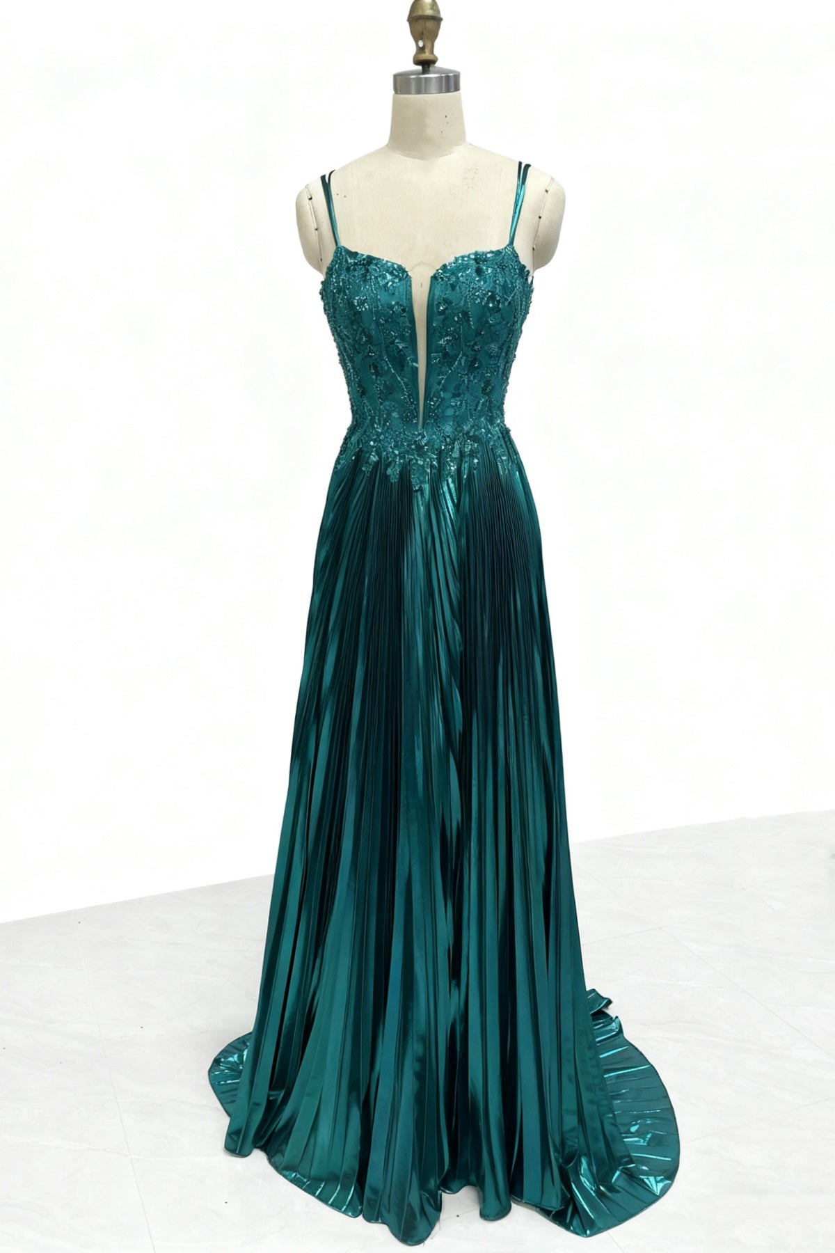 V Neck Dark Green Beaded Long Prom Dresses, Green Beaded Long Formal Evening Dresses