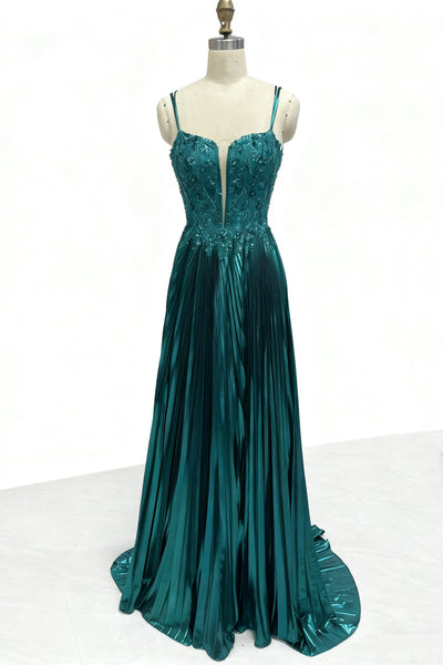V Neck Dark Green Beaded Long Prom Dresses, Green Beaded Long Formal Evening Dresses