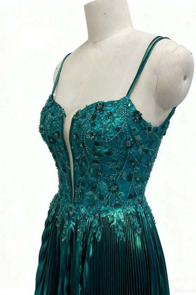 V Neck Dark Green Beaded Long Prom Dresses, Green Beaded Long Formal Evening Dresses