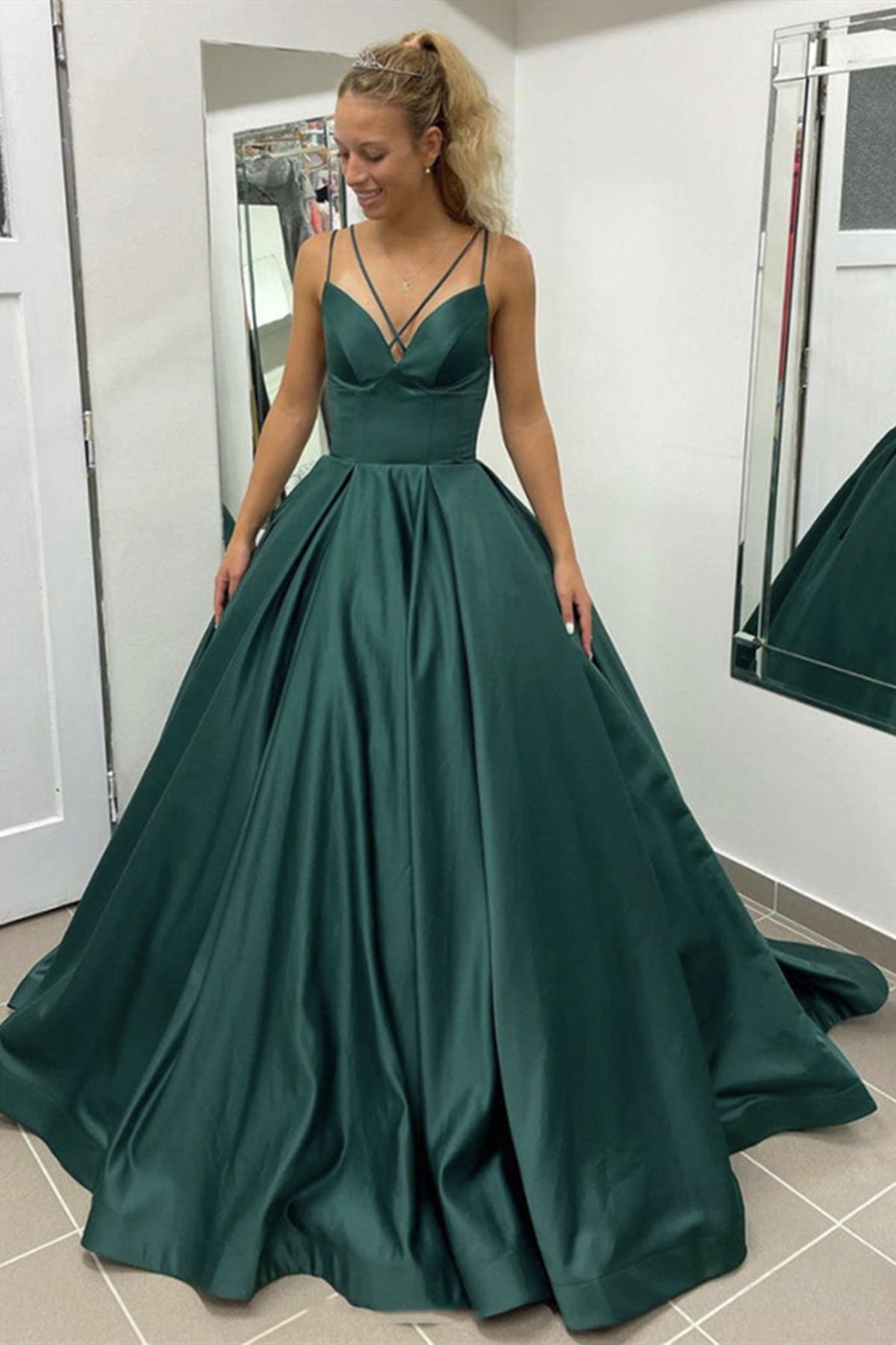 V Neck Dark Green Long Satin Prom Dresses, Dark Green Long Formal Evening Dresses