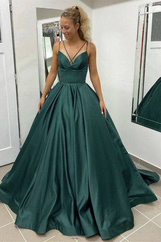 V Neck Dark Green Long Satin Prom Dresses, Dark Green Long Formal Evening Dresses