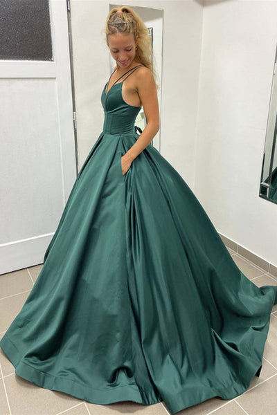 V Neck Dark Green Long Satin Prom Dresses, Dark Green Long Formal Evening Dresses