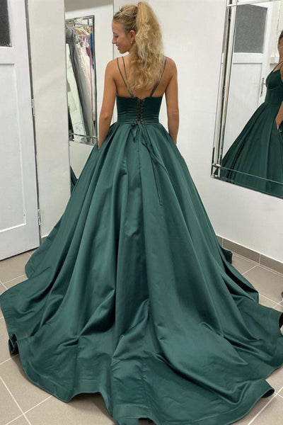 V Neck Dark Green Long Satin Prom Dresses, Dark Green Long Formal Evening Dresses
