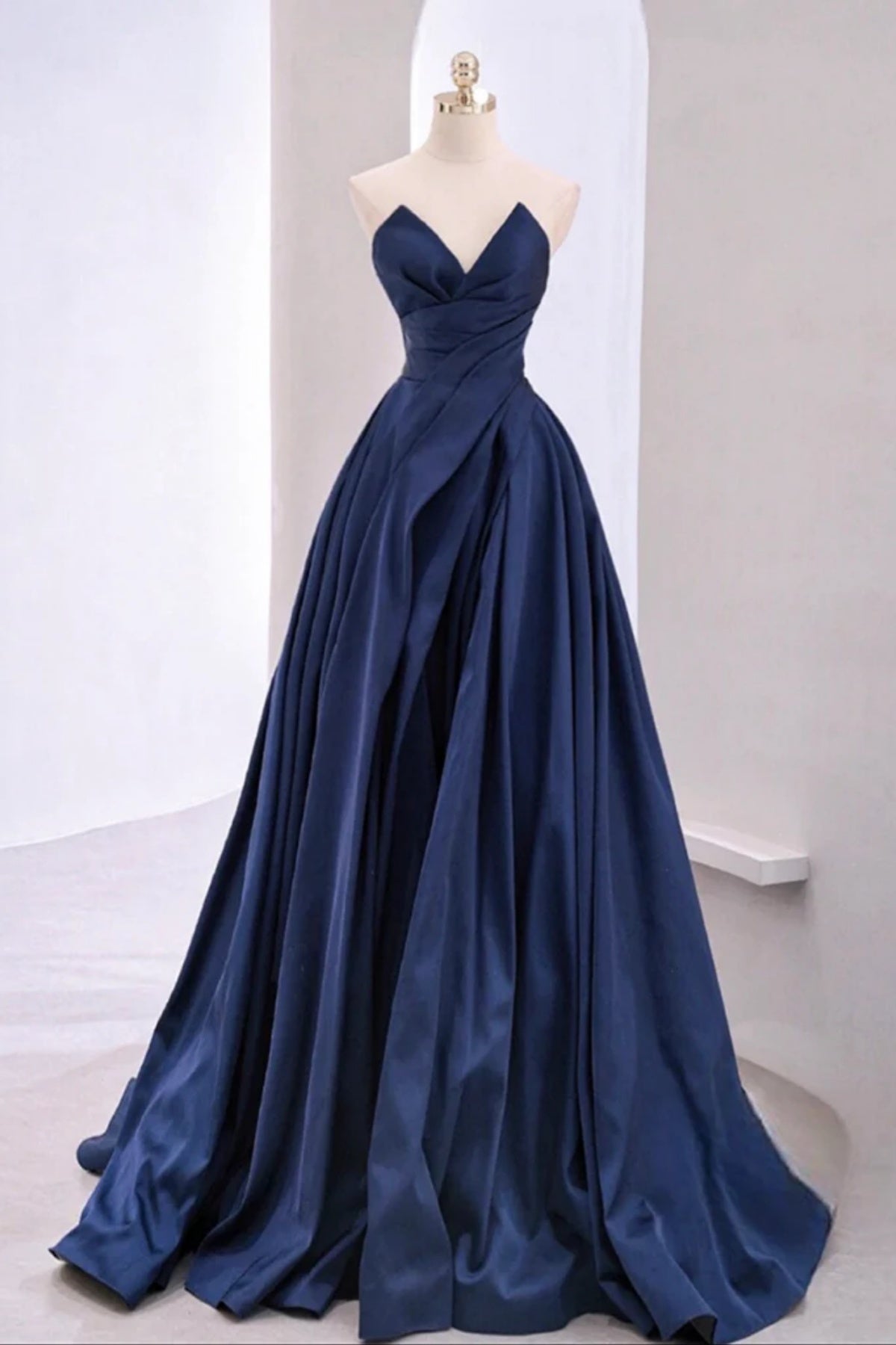 V Neck Dark Navy Blue Long Prom Dresses, Dark Navy Blue Long Formal Evening Dresses