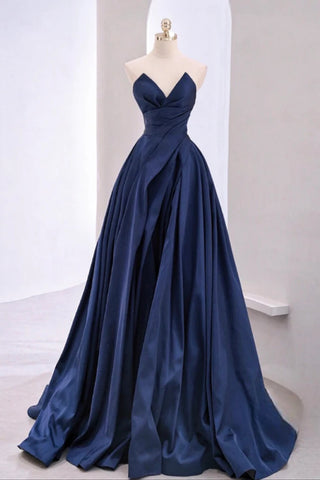 V Neck Dark Navy Blue Long Prom Dresses, Dark Navy Blue Long Formal Evening Dresses
