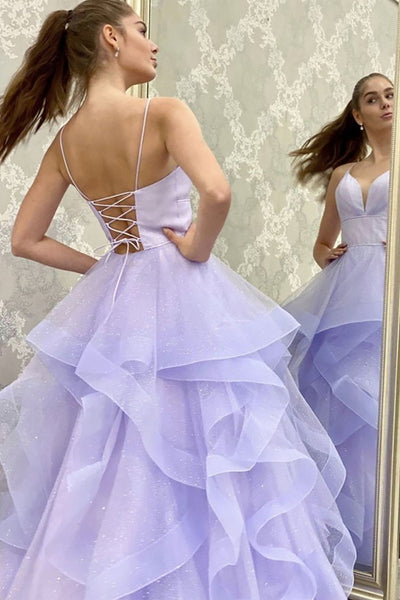 V Neck Glitter Purple Long Prom Dresses, V Neck Long Purple Formal Evening Dresses