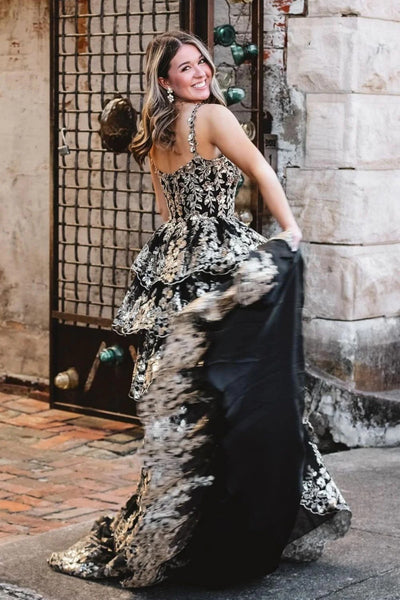 V Neck Golden Black Layered Lace Prom Dresses, Golden Black Lace Layered Formal Dresses