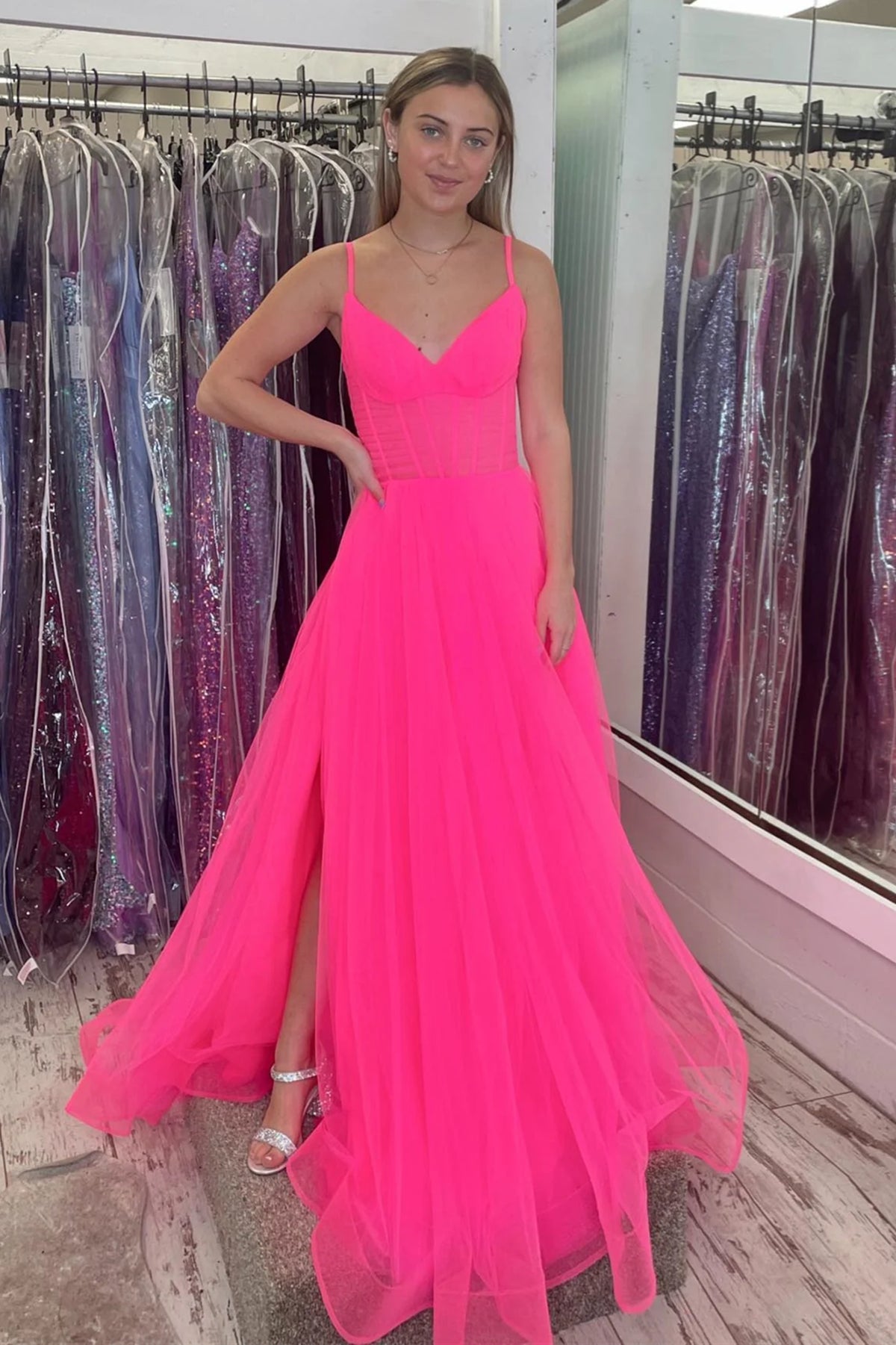 V Neck Hot Pink Tulle Long Prom Dresses, Hot Pink Tulle Long Formal Evening Dresses