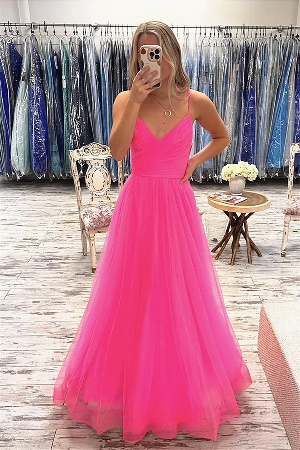 V Neck Hot Pink Tulle Long Prom Dresses, Hot Pink Tulle Long Formal Evening Dresses