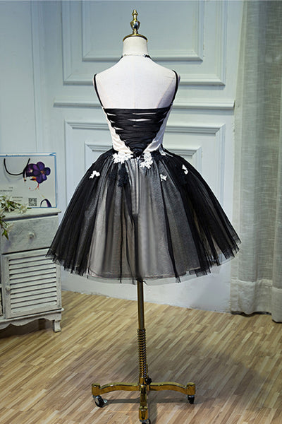 V Neck Lace Short Black Prom Dresses, Short V Neck Black Formal Homecoming Dresses