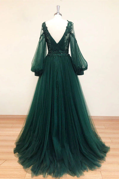 V Neck Long Sleeves Green Lace Prom Dresses, V Neck Green Lace Formal Evening Dresses