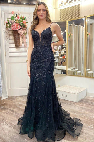 V Neck Mermaid Black Lace Long Prom Dresses, Mermaid Black Formal Dresses, Black Lace Evening Dresses