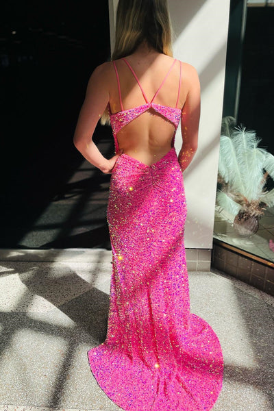 V Neck Pink Backless Sequins Long Prom Dresses, Open Back Pink Sequins Long Formal Evening Dresses