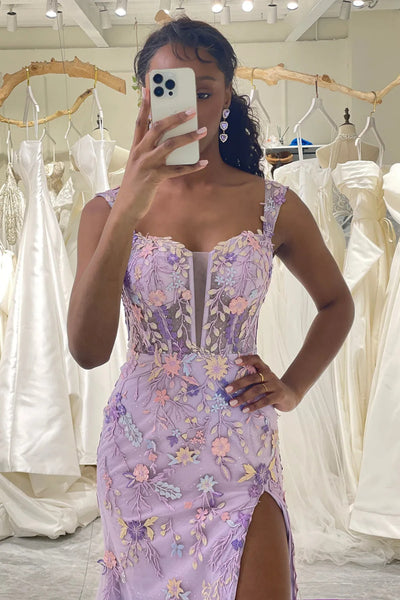 V Neck Purple Floral Long Prom Dresses, Purple V Neck Purple Floral Long Formal Evening Dresses