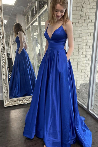 V Neck Royal Blue Long Prom Dresses, Backless Royal Blue Long Formal Evening Dresses