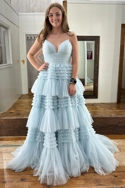 V Neck Shiny Layered Tulle Prom Dresses, Shiny Layered Long Formal Evening Dresses
