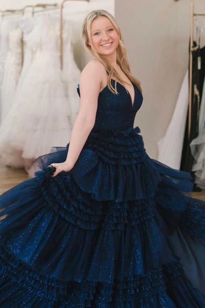 V Neck Shiny Layered Tulle Prom Dresses, Shiny Layered Long Formal Evening Dresses