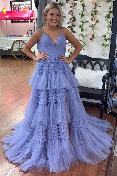 V Neck Shiny Layered Tulle Prom Dresses, Shiny Layered Long Formal Evening Dresses