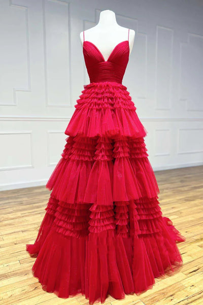 V Neck Shiny Layered Tulle Prom Dresses, Shiny Layered Long Formal Evening Dresses