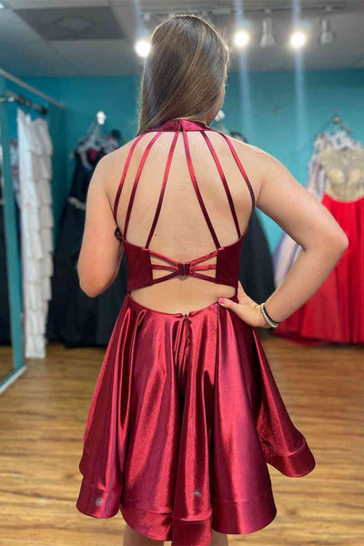 V Neck Short Backless Burgundy Prom Dresses, Wine Red Short Formal Homecoming Dresses
