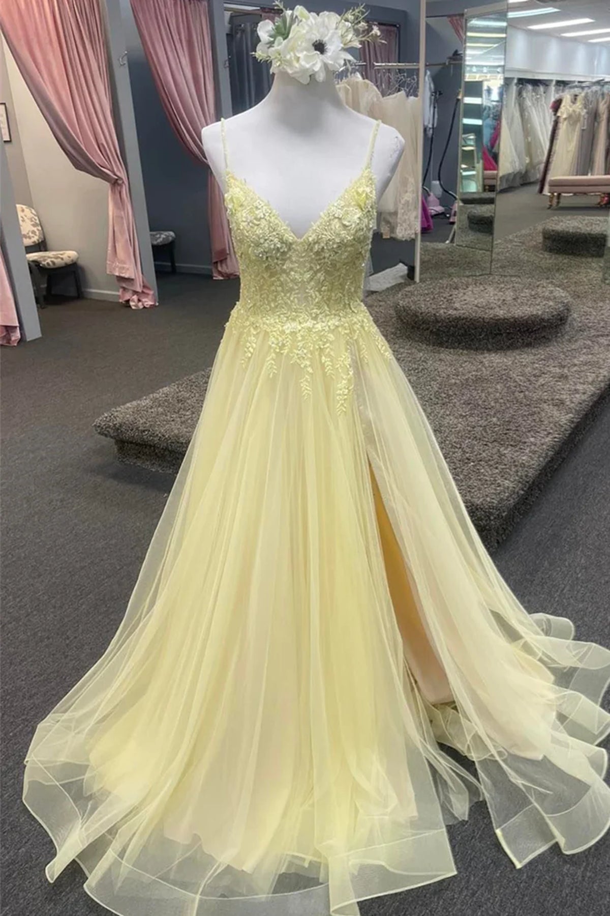 V Neck Yellow Lace Long Prom Dresses, V Neck Yellow Long Lace Formal Evening Dresses