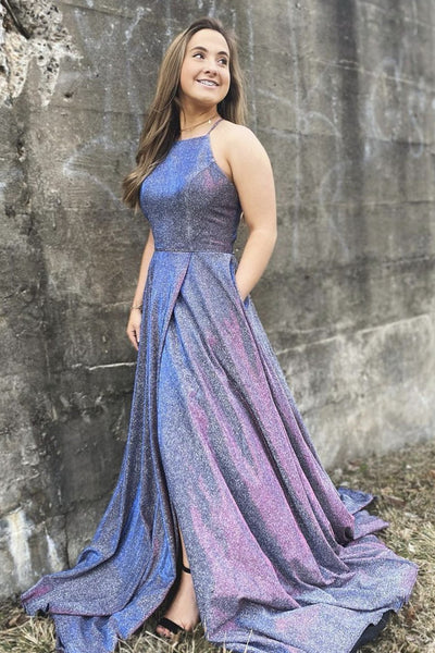 A Line Backless Blue Long Prom Dresses with High Slit, Backless Blue Formal Graduation Evening Dresses EP1355