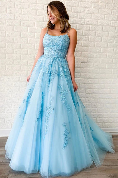 A Line Backless Light Blue Lace Long Prom Dresses, Open Back Light Blue Formal Dresses, Light Blue Lace Evening Dresses EP1569