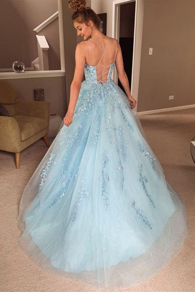 A Line Backless Light Blue Lace Long Prom Dresses, Open Back Light Blue Formal Dresses, Light Blue Lace Evening Dresses EP1569