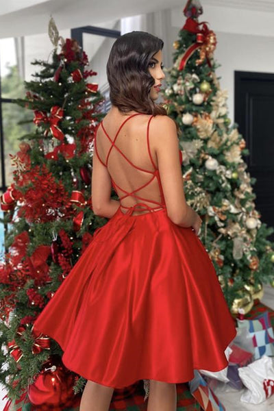 A Line Backless Red Satin Short Prom Dresses, Backless Red Homecoming Dresses, Red Formal Evening Dresses EP1518