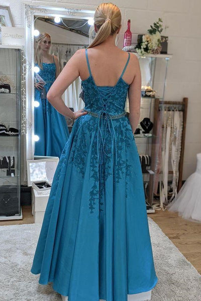 A Line Open Back Blue Lace Long Prom Dresses with Belt, Blue Lace Formal Dresses, Blue Evening Dresses EP1539
