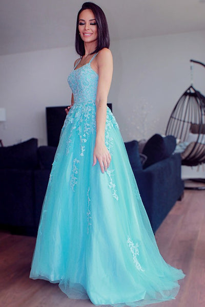 A Line Open Back Blue Tulle Lace Long Prom Dresses, Blue Lace Formal Dresses, Blue Evening Dresses EP1719