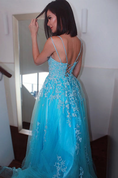 A Line Open Back Blue Tulle Lace Long Prom Dresses, Blue Lace Formal Dresses, Blue Evening Dresses EP1719