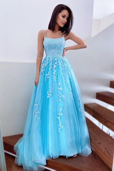 A Line Open Back Blue Tulle Lace Long Prom Dresses, Blue Lace Formal Dresses, Blue Evening Dresses EP1719