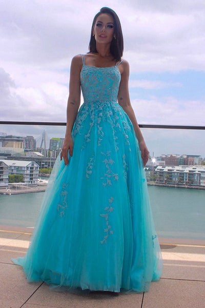 A Line Open Back Blue Tulle Lace Long Prom Dresses, Blue Lace Formal Dresses, Blue Evening Dresses EP1719