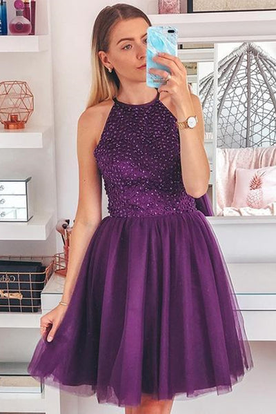 A Line Purple Beaded Short Prom Homecoming Dresses, Purple Beaded Formal Graduation Evening Dresses EP1517