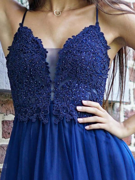 A Line V Neck Backless Blue Lace Long Prom Dresses, Blue Lace Formal Graduation Evening Dresses EP1425