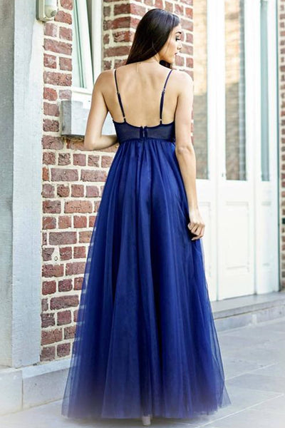 A Line V Neck Backless Blue Lace Long Prom Dresses, Blue Lace Formal Graduation Evening Dresses EP1425