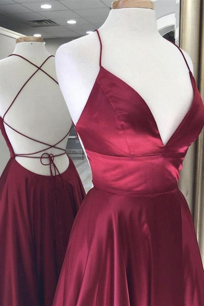 A Line V Neck Backless Burgundy Long Prom Dresses, Backless Burgundy Formal Graduation Evening Dresses EP1485